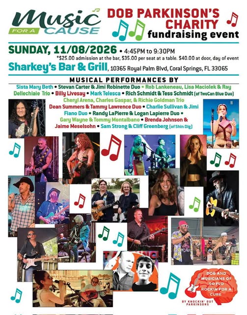 Music For A Cause - DOB Parkinson's Charity Fundraising Event, Sunday November 8, 2026 at Sharkey's Bar & Grill, Coral Springs